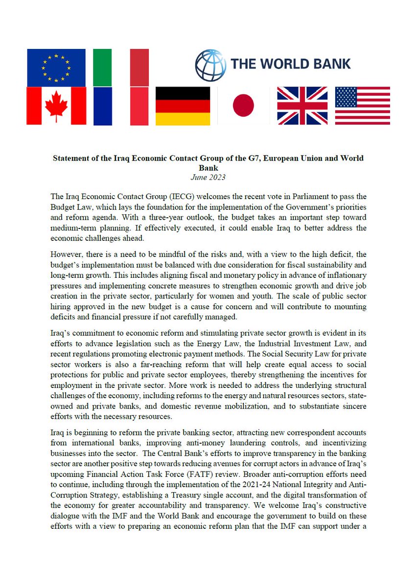 Greg_Galligan's tweet photo. As 🇨🇦&🇩🇪 conclude their term as co-chair of the Iraq Economic Contact Group, I want thank my @GermanyinIraq colleagues for their collaboration & share the group's latest statement following the passage of the Budget Law and yesterday's #IECG Ambassadors meeting. #Iraq @MJaegerT https://t.co/fQejJQzo18
