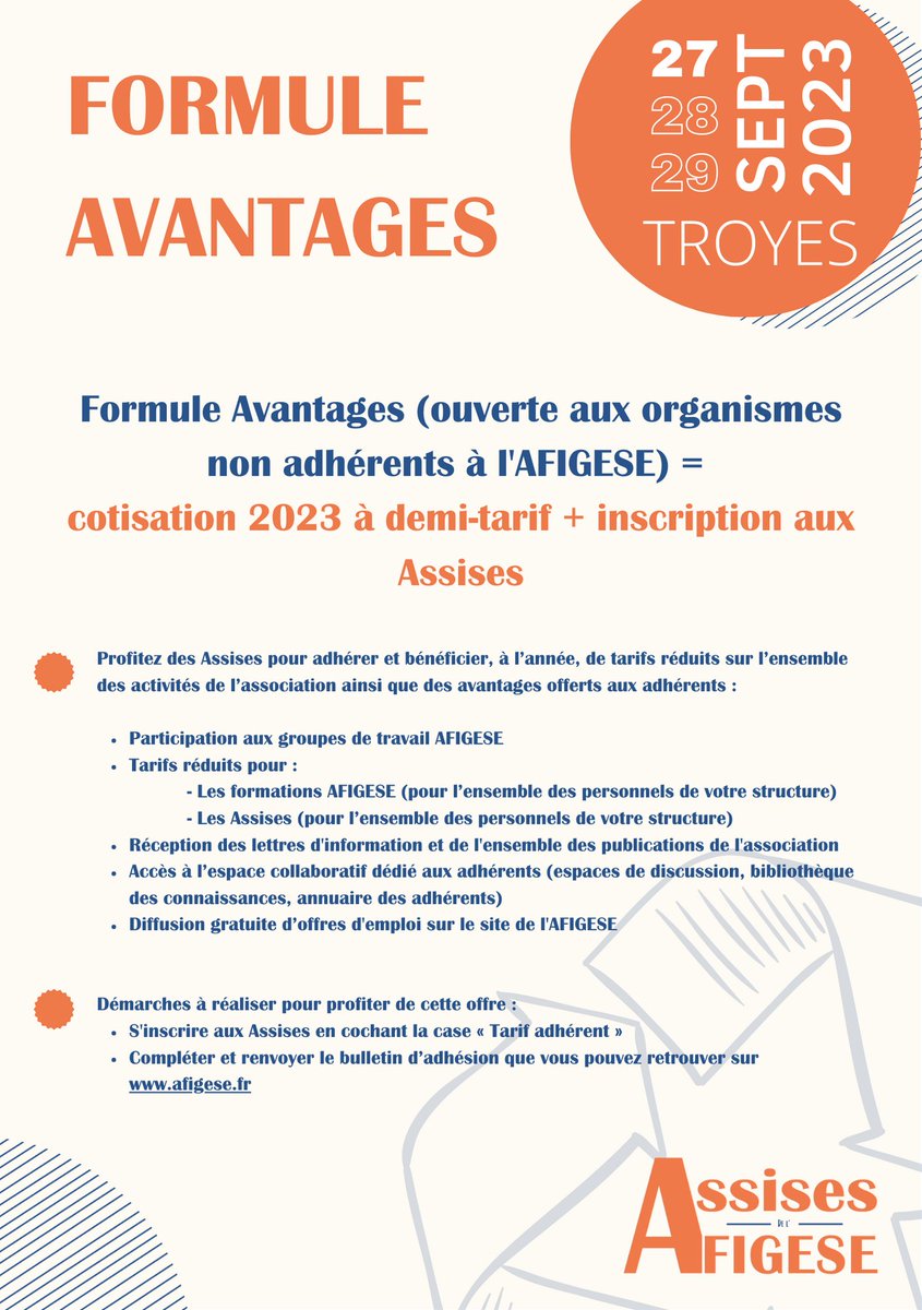 📆 M-3 avant les Assises de l'AFIGESE 2023

A cette occasion, vous pourrez adhérer à l’AFIGESE à demi-tarif, grâce à la Formule Avantages, et bénéficiez de tous les avantages offerts aux adhérents!

#AFIGESE23 #collterr