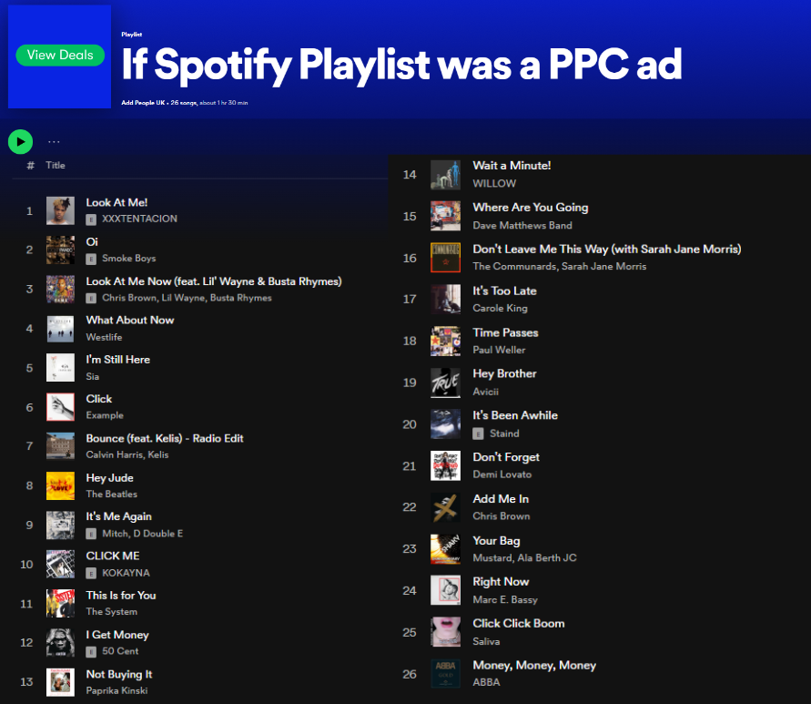 Would you listen? 🎧

#spotifyplaylist #ppcads #ppcmarketing #payperclickads #digitalmarketing