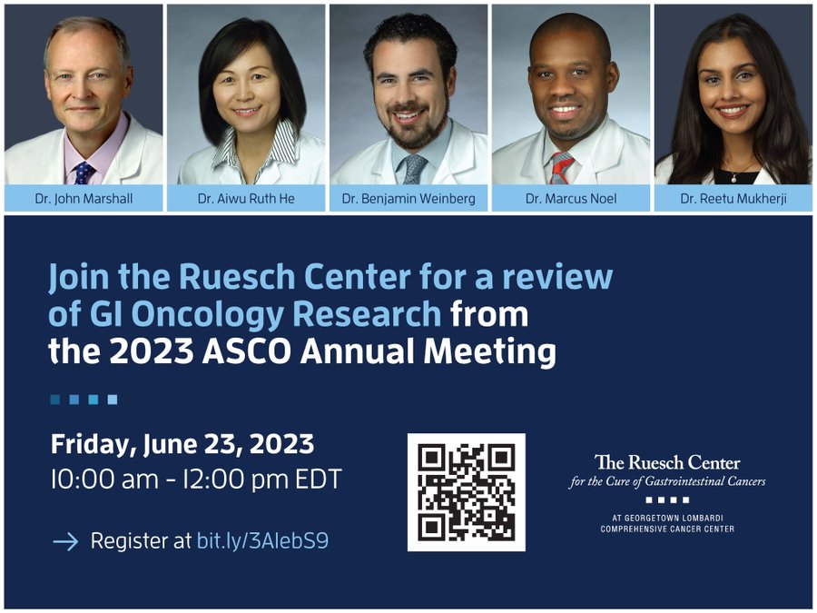 Tomorrow is the day! Please register to join our research review from the 2023 @ASCO Annual Meeting. @marshalj23, @RuthHe12, @benweinbergmd, @mnoel3232, and @ReetuMukherjiMD will highlight the most compelling abstracts in GI Oncology: bit.ly/3AIebS9 @LombardiCancer
