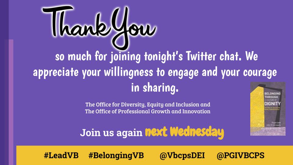 PGIVBCPS's tweet image. @VbcpsDEI &amp;amp; @PGIVBCPS thank you again for joining our Summer Twitter chat. We&apos;ll be LIVE each Wed at 7pm, but we encourage you to engage at any time. Your words &amp;amp; ideas are powerful. Thanks @JKrownapple &amp;amp; @DrFloydCobb2  for giving us a foundation for thought #BelongingVB #LeadVB