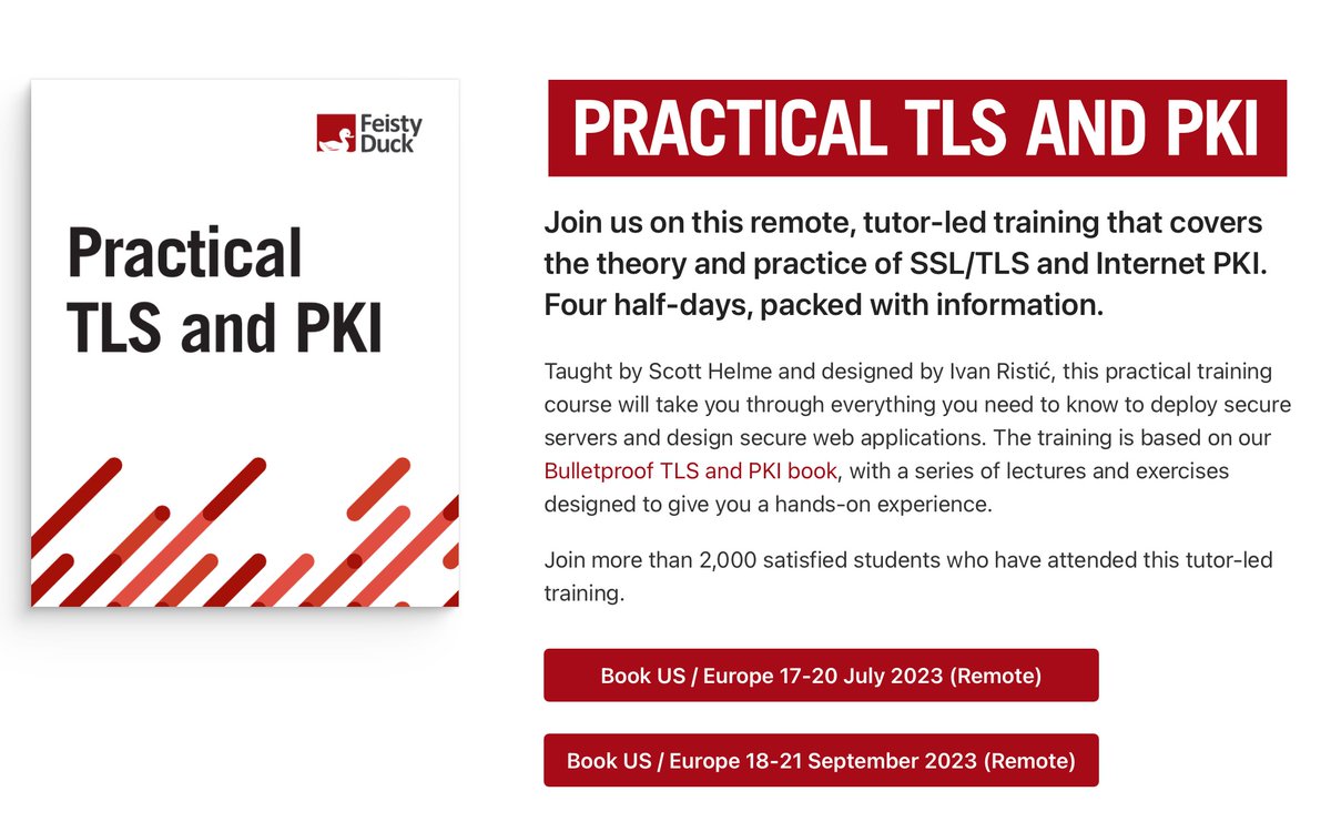 feistyduck's tweet photo. New training dates: 18-21 September, 8am - 11:30am PDT. Remote, tutor-led, covers theory and practice of SSL/TLS and Internet PKI. From @ivanristic and with @Scott_Helme. Early Bird tickets available now! https://t.co/WoIEqEqp49 https://t.co/L5k6PNfHq5