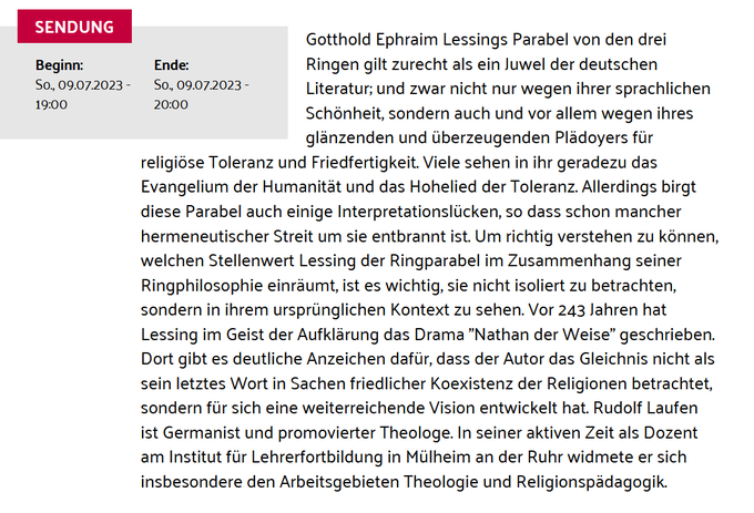 LessingWorkshop's tweet photo. Heute, 19 bis 20 Uhr, sendet das @domradio den Vortrag "#Lessing|s #Ringparabel – nur eine Interimslösung?" von Rudolf Laufen. https://t.co/9zC1OLq3Ok https://t.co/2kfRAoEidR