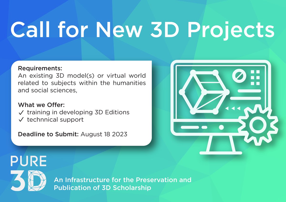 Exciting news! #PURE3D is opening a call for new projects. Calling all researchers in #heritage, #archaeology, #history, and more to submit their work by 18th August 2023. Check our website for project requirements and submission details. pure3d.eu/?p=2478&previe…
