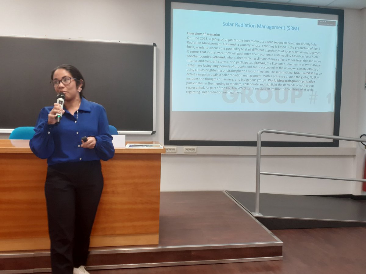 Gisselle Guerra, a researcher at @utppanama and participant at #SciDip2023 present on the first breakout group's findings, examining perspectives on #SolarRadiationManagement. The stimulated factions urged the lead emitters to instead pursue renewable energy sources.