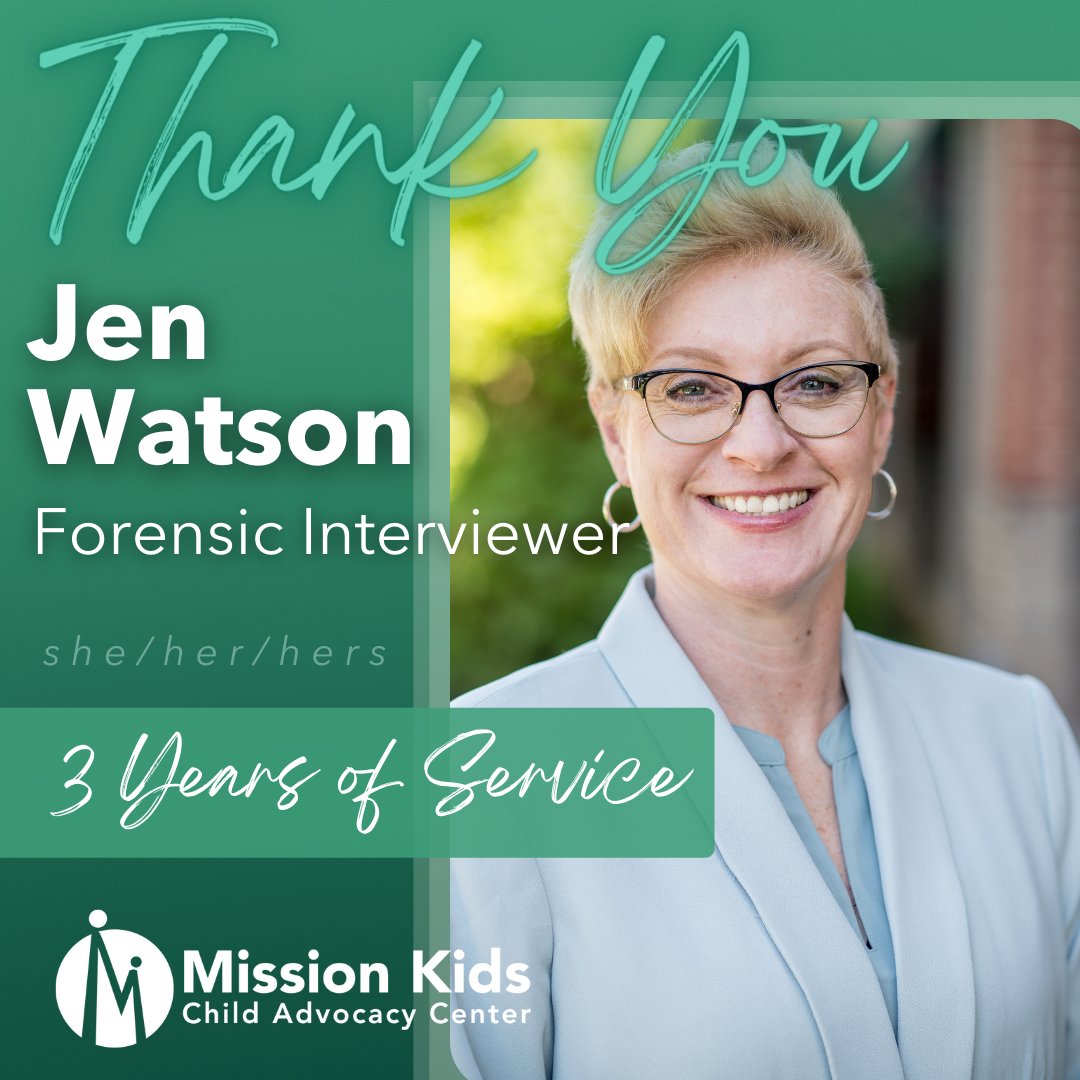 Please join us in thanking Jen Watson for 3 years of service at Mission Kids as one of our Forensic Interviewers! 🙏🥉💚

#OurMissionIsKids #KeystoneCACs #ChildAdvocacyCenter #ChildAdvocate #EmployeeAppreciation #EmployeeSpotlight #WorkAnniversary