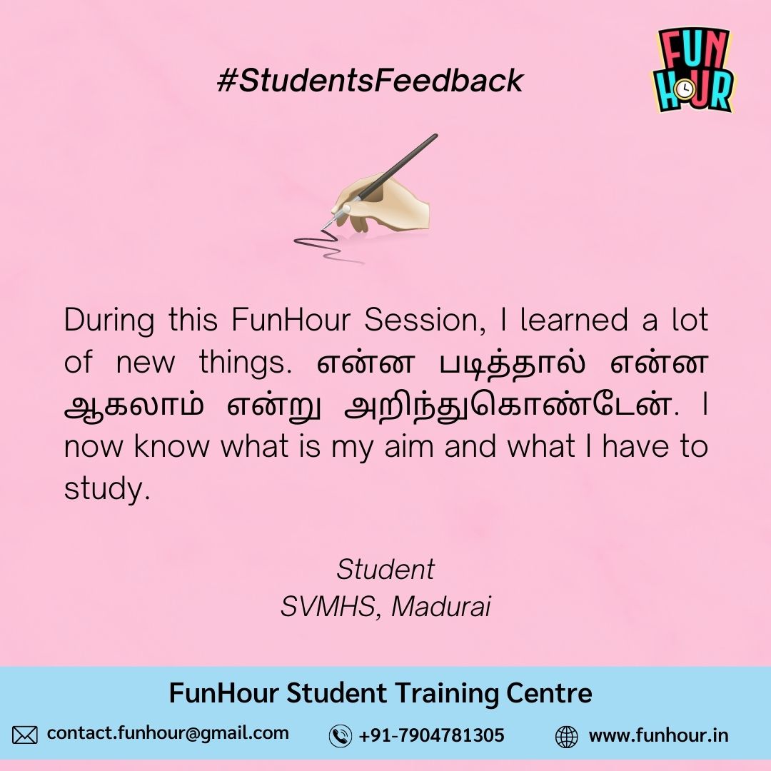 FunHourOfficial's tweet image. We would like to share some of the feedback we received from the students at Shree Visalakshi Mills High School in Vilangudi, Madurai. We appreciate their feedback.

#FunHour #careerguidance #softskills #lifeskills #Schoolstudents #personaldevelopement #madurai #tamilnadu