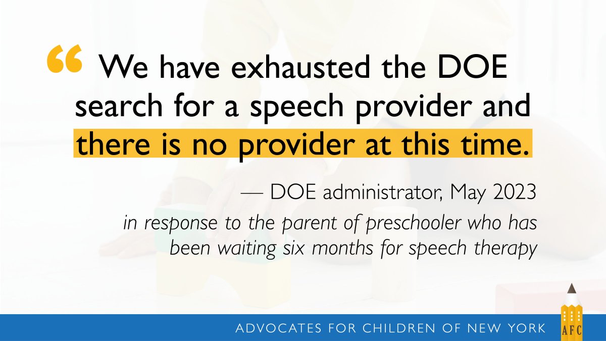 More than 10,000 preschoolers with disabilities are still waiting to begin receiving the speech, physical, or occupational therapy @NYCSchools was legally required to provide this school year. This number does not include children who started services after months of waiting.