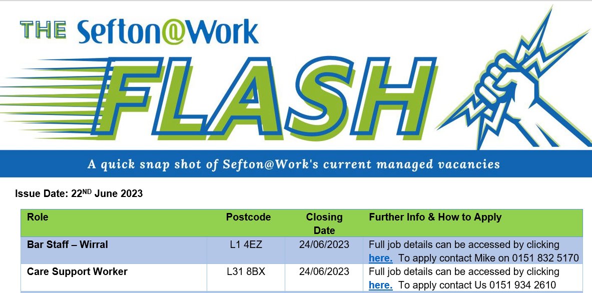 ⚡ The Sefton @ Work Flash is here! ⚡
A quick weekly round-up of some of the fantastic managed jobs & opportunities we have available here at Sefton @ Work for our residents. Click on the link to access information  on our latest vacancies #seftonjobs
ow.ly/CvVH50OUOFs