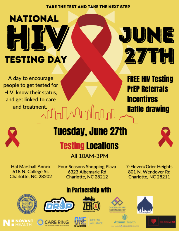 oneclthealth's tweet photo. Take the Test &amp; Take the Next Step by stopping by one of our three #FREE #HIVTesting events. Check out the flyer above to see when and where you can get a FREE test. Tell your friends, family, and coworkers. We hope to see you there!

#charlotte #health #NationalHIVTestingDay https://t.co/IeFABOCLCa