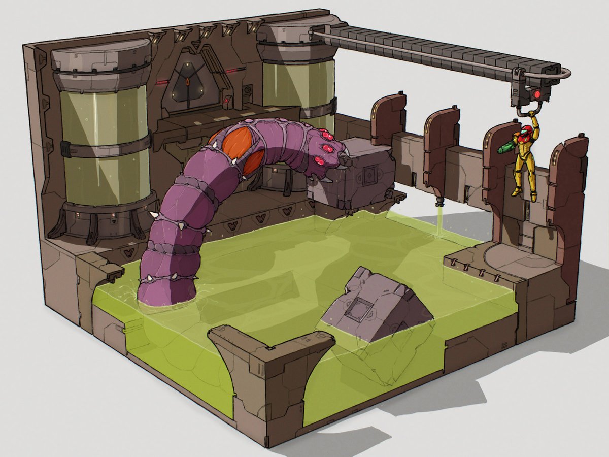 adamkoppol's tweet photo. More Metroid Zero Mission art, this time the Acid Worm (named Mua) boss fight 
The GBA game had rather sparse graphics so I decided to take some creative liberties when creating the arena
#metroid #samusaran #Nintendo #fanart https://t.co/FHjQYXNmEG