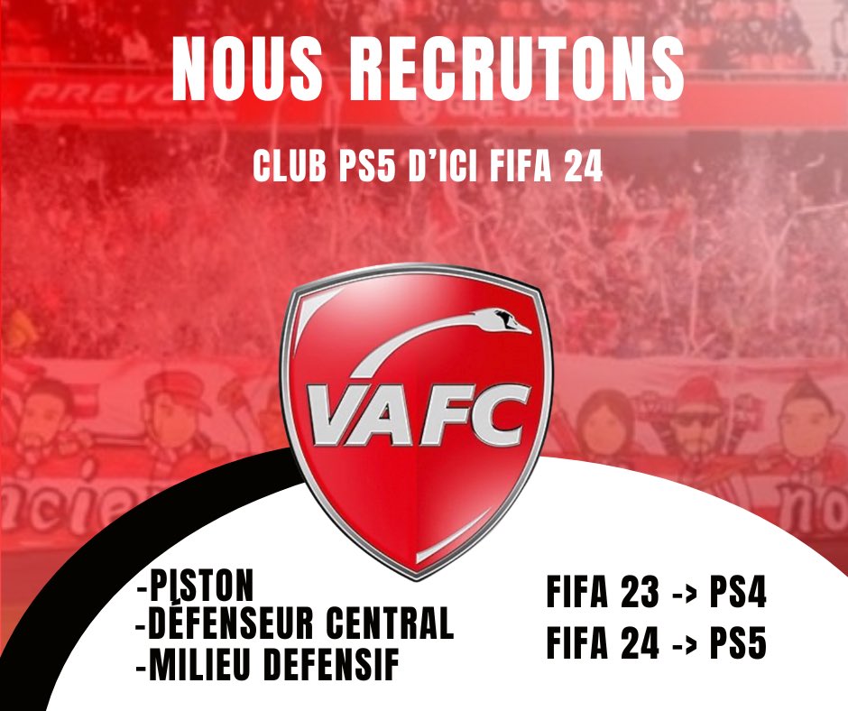 VAFC - PRO CLUB

𝐑𝐄𝐂𝐑𝐔𝐓𝐄𝐌𝐄𝐍𝐓:

Les Postes Recherchés sont :

➡️MDC
➡️MG/MD
➡️ DC

COMPO : 3-5-2 / 3-1-4-2