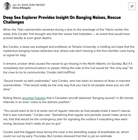 c_m_dangelo's tweet photo. i talked to @CordesLab, a deep sea ecologist/explorer, about the missing sub — the banging noises, potential challenges of a recovery, air supply and more

for updates, visit HuffPost's liveblog here: https://t.co/YGU8qvLewj https://t.co/UxhOdVDaB5