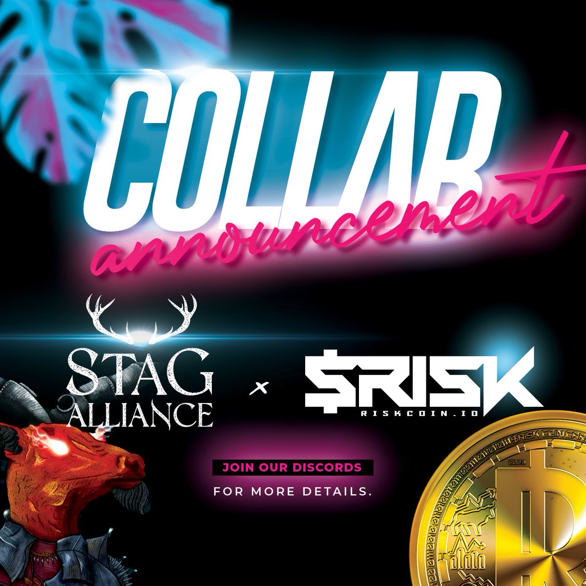 🎉Let’s welcome Stag Alliance &amp; thank them for ALL their support!

$Risk 🤝 Stag

Prizes:
1 Stag #cNFT
1 OG-High $Risk Role

🏴‍☠️Follow @RiskCoinAda <a href="/StagAlliance/">Stag Alliance | Elderworld</a> 
🏴‍☠️RT &amp; Like
🏴‍☠️Tag Friends
🏴‍☠️Join Both 
discord.gg/KjE6nsq5eZ
discord.gg/stagalliance

⏰48 HRS

#RISK #CNFTGiveaway