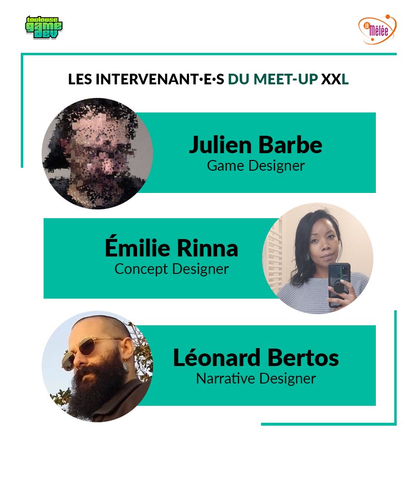 toulousegamedev's tweet photo. Le Meet-up XXL approche, découvrez aujourd'hui les intervenant·e·s présent·e·s !  

@LeGnurf , Game / Level / Narrative Designer et aussi Président du TGD ! 
@3milies , Concept Designer Freelance ! 
@LeonTroglodyte, Narrative Designer chez @studio_goblinz et Écrivain ! https://t.co/Su8Kfxff2e