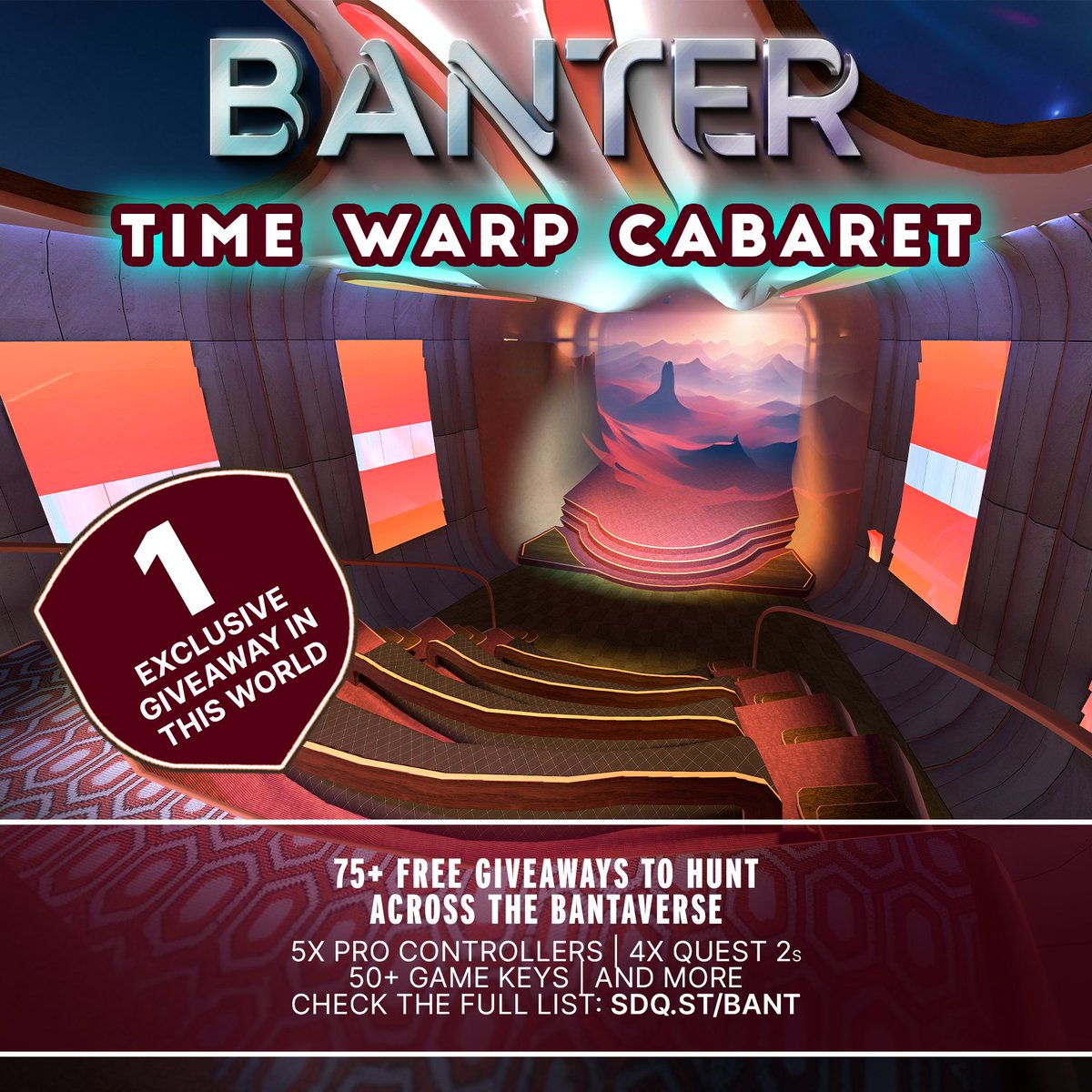 Step into the Time Warp Cabaret to unlock a night of entertainment and giveaways! Find the [CLICK ME] exclusive to this virtual venue while playing your favourite songs on the big screen. 🎶

Happy hunting! 

#BanterVR #VR#FreeGiveaways