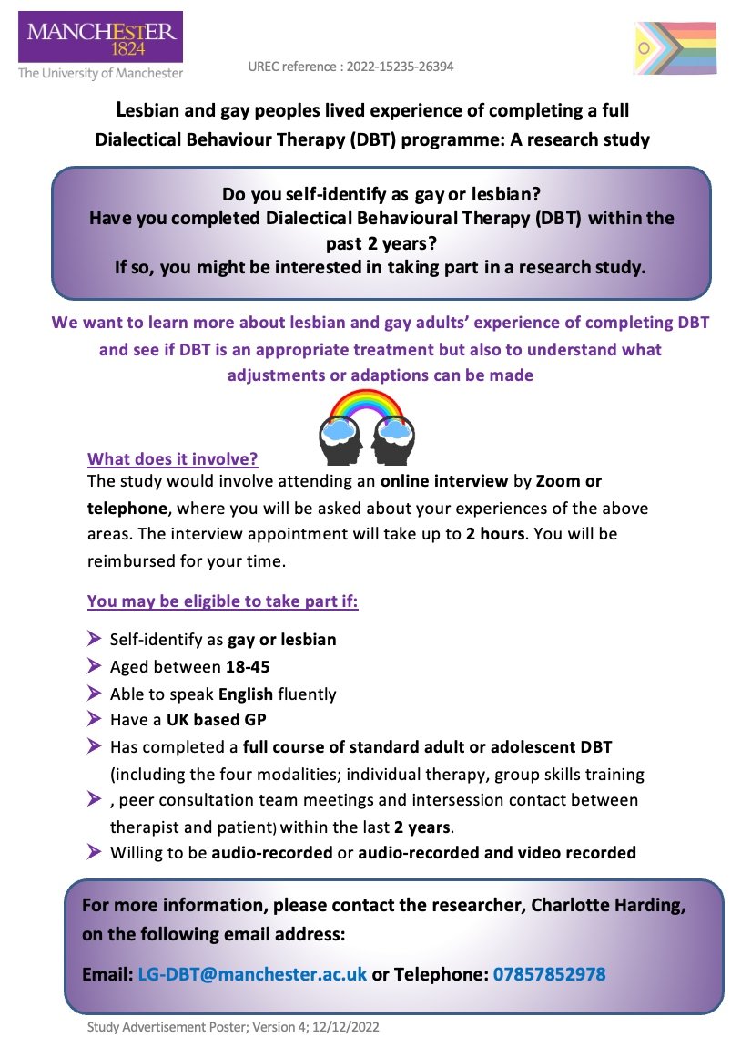 "Would you like to contribute to a research study aiming to explore #lesbian and #gay adults' experiences of completing dialectical behavioural therapy and help improve dialectical behavioural therapy?"
  
<a href="/LGexperienceDBT/">LG DBT Study</a>

#DBT #Therapy #LGBTQ+ #MentalHealthSupport #MentalHealth