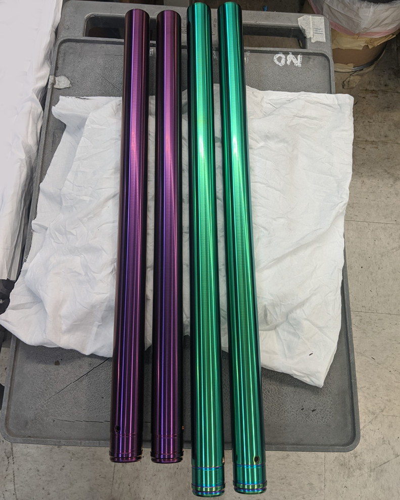 richtercoatings's tweet photo. For this #ForkTubes Thursday, we have two pairs of forks in our proprietary Ultraviolet and Chameleon Green PVDs. These are two of the rarest #PVD colors that you'll see on fork tubes. They all get coated here by us. ๐ค๐ป #mx #motocross #enduro #motorcycle #dirtbike https://t.co/WQ1E5c5279