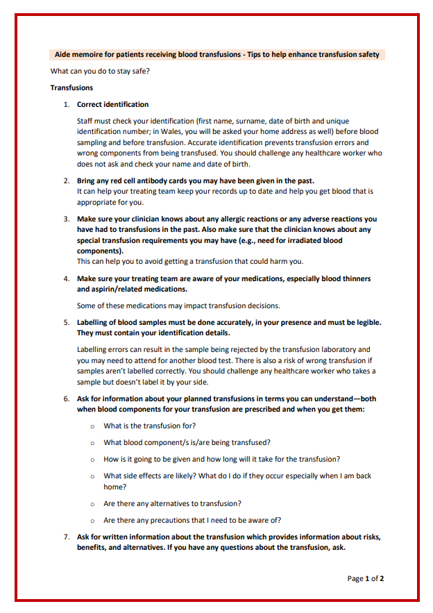 SHOTHV1's tweet photo. Did you know that we have an aide-memoire for patients receiving transfusion support?
The document has information on what to expect, and tips to make transfusion easier and safer. 
Click here to access a printable full version ➡️https://t.co/mAQZMdfgqA
#PathologistsAndPatients https://t.co/ID9YNtL1wh