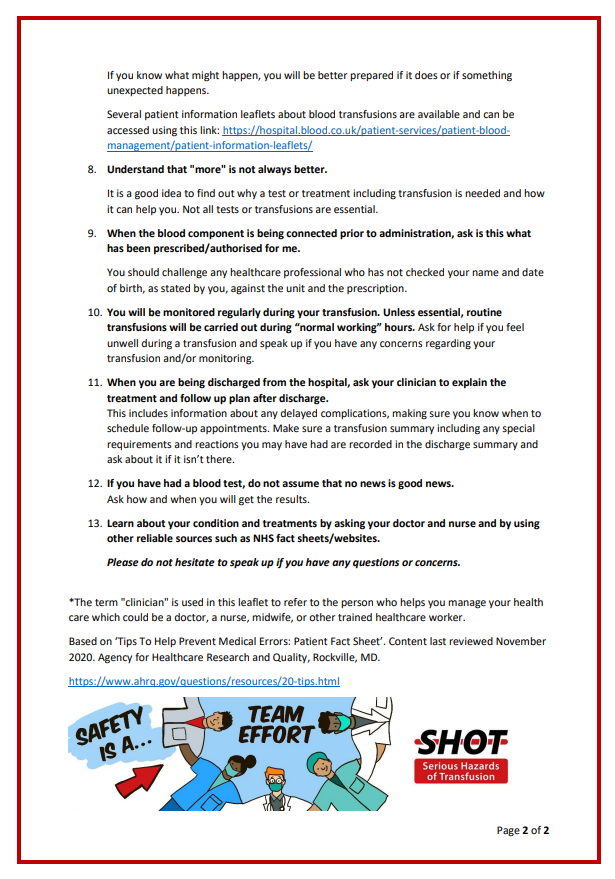 SHOTHV1's tweet photo. Did you know that we have an aide-memoire for patients receiving transfusion support?
The document has information on what to expect, and tips to make transfusion easier and safer. 
Click here to access a printable full version ➡️https://t.co/mAQZMdfgqA
#PathologistsAndPatients https://t.co/ID9YNtL1wh