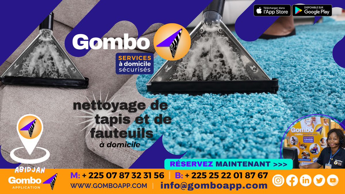 GomboApp's tweet photo. Bonjour Abidjan!! 
Nouveau plan pour vous de la part de votre conciergerie favorite (roulement de tambour !!!!) #Gombo App Côte d'Ivoire.
Vous retrouverez vos tapis et fauteuils comme neuf après notre passage.
Contactez nous au 07 87 32 31 56

#civ #abidjan https://t.co/X3tG8dci1f