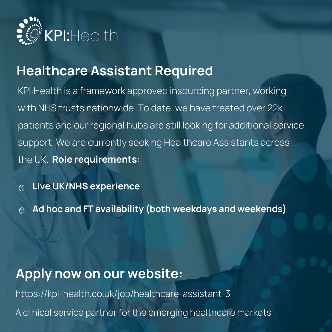 KPI Health (@kpihealth) on Twitter photo KPI:Health are now seeking discussions with Healthcare Assistants (Outside IR35)
Job Location: Nationwide
Salary: £350-400
💻 kpi-health.co.uk/job/healthcare…
✉️ Jack.smith@kpi-health.co.uk
#healthcare #recruitment #jobposting #healthcareroles #healthcareassistants KPI:Health are now seeking discussions with Healthcare Assistants (Outside IR35)
Job Location: Nationwide
Salary: £350-400
💻 kpi-health.co.uk/job/healthcare…
✉️ Jack.smith@kpi-health.co.uk
#healthcare #recruitment #jobposting #healthcareroles #healthcareassistants