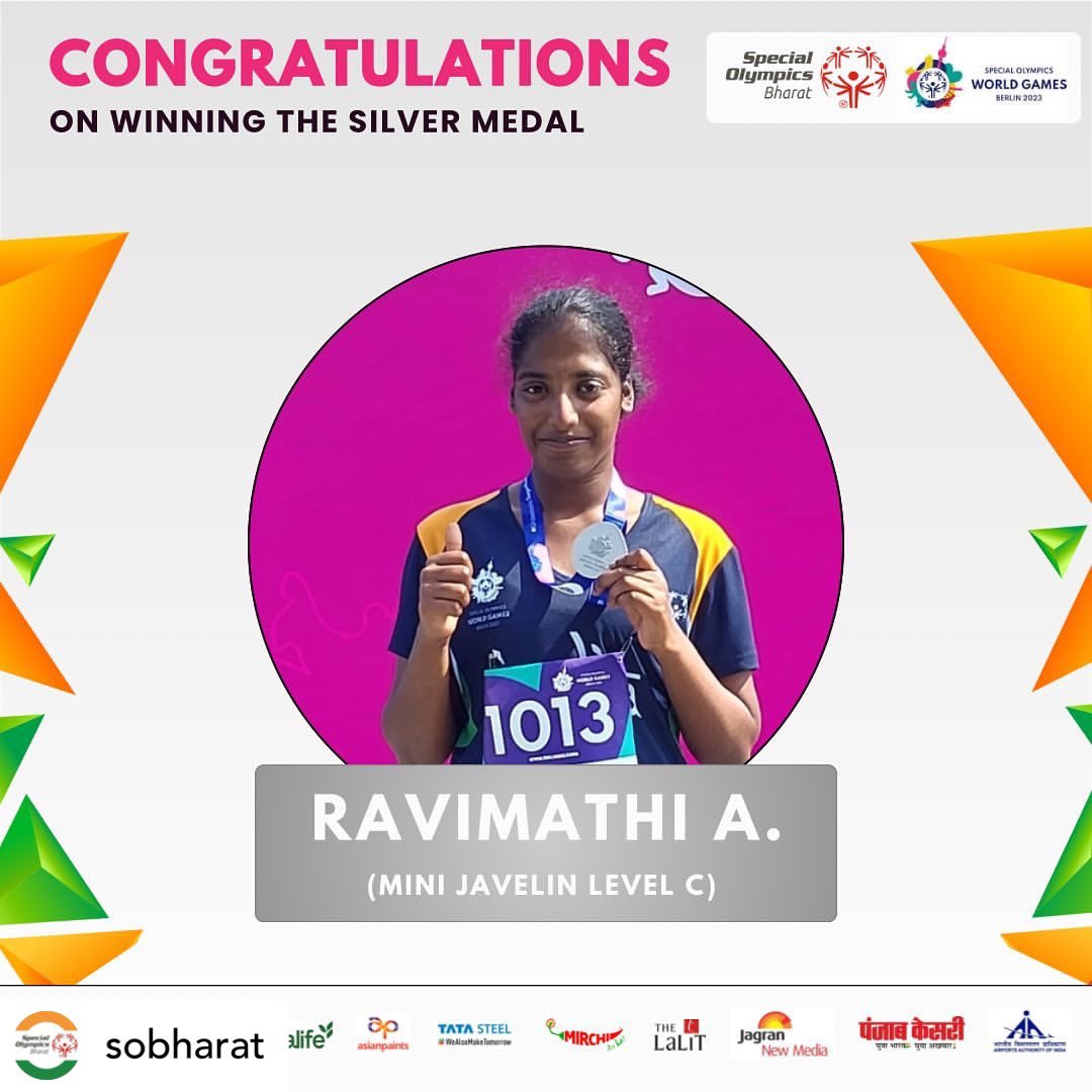 🥈SILVER-ware for our Mini Javelin super star, as Ravimathi secures the medal in Mini Javelin Level C!

#specialolympics #sobharat #athletics #Javelin #MiniJavelin #AthleticsTriumph #womeninsports #womeninsport #womenpower 
#specialolympicsbharat