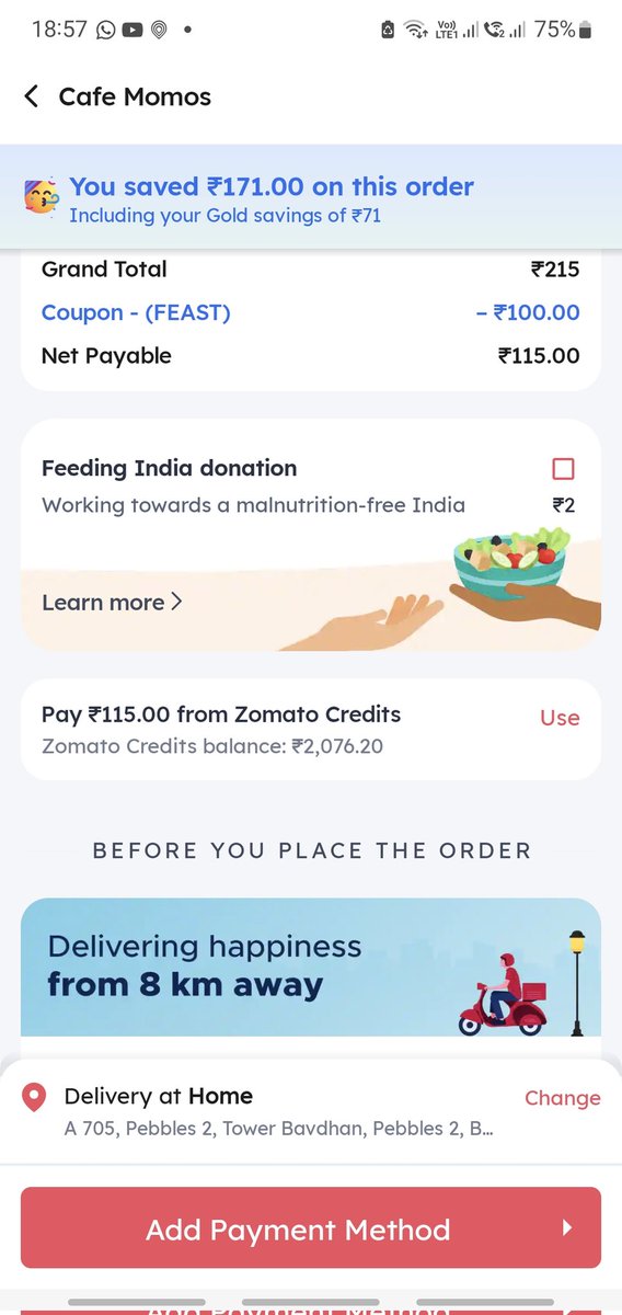 KocharManoj's tweet image. @zomatocare 
#poorapp #poorcustomercare #cantreach #have to tell problem to computer and it'll not solve the issue. 
I have zomato credit in my ac even then zomato doesnot allow me to use the same for my order #worst #zomato app asking me to pay from different method