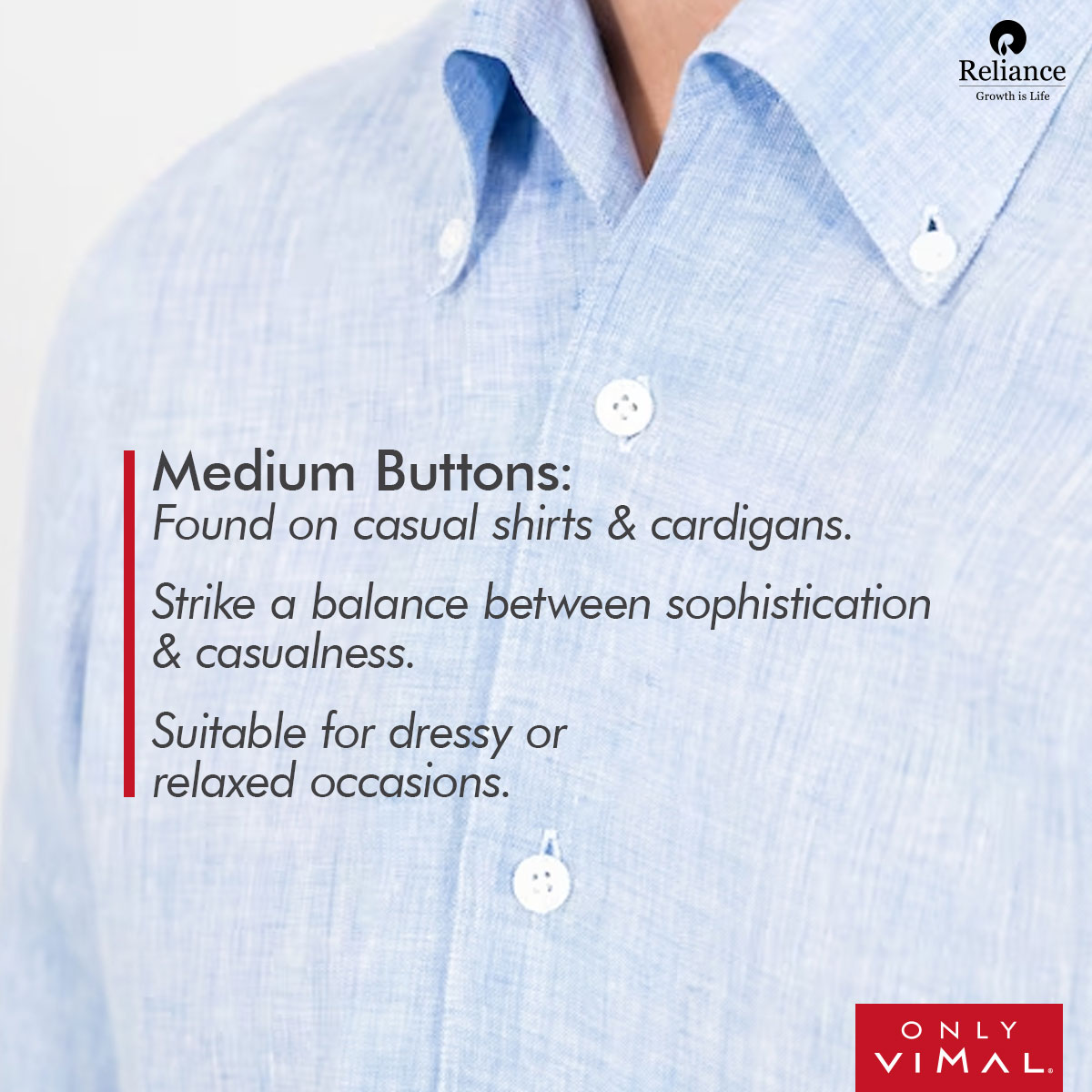 OnlyVimal_India's tweet photo. Remember, the size of buttons can vary based on personal preference and the specific garment style. Choose the button size that complements your desired aesthetic and showcases your unique fashion sense!
#Reliance #RelianceIndustries #OnlyVimal
#ButtonSizeGuide #ButtonSizes https://t.co/5pXkGmoqkR