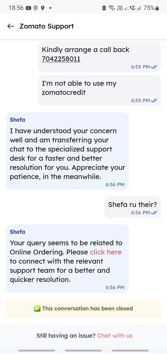 KocharManoj's tweet image. @zomatocare 
#poorapp #poorcustomercare #cantreach #have to tell problem to computer and it'll not solve the issue. 
I have zomato credit in my ac even then zomato doesnot allow me to use the same for my order #worst #zomato app asking me to pay from different method