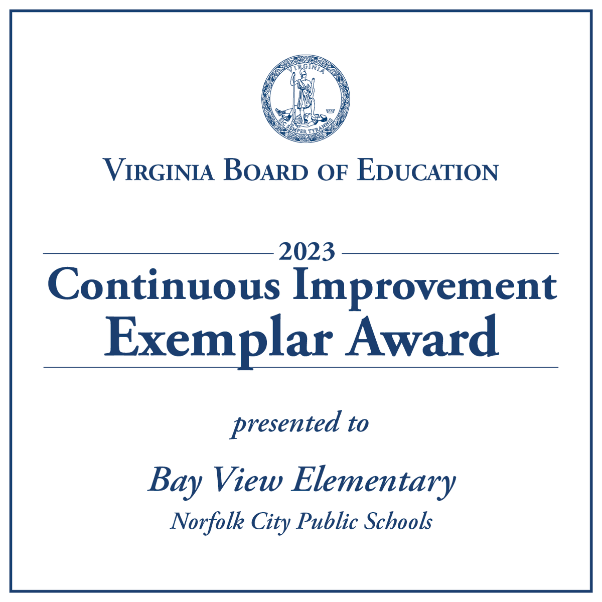 NPSchools_VA's tweet photo. #BayViewElementary has been awarded the 2023 Continuous Improvement Exemplar Award from the VA State Board of Education! 

The award is based on the school’s academic performance/practice. 

A complete list of schools earning '23 BOE awards is on @VDOE_News' website.

#NPSProud https://t.co/kDxuFpEvtK