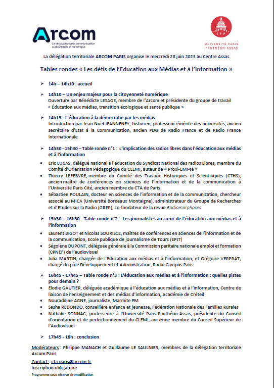 Le 28 juin, l'<a href="/Arcom_Paris/">Arcom Paris</a> organise des tables rondes sur "les défis de l'Education aux Médias et à l'Information" #EducMédiasInfo 
▶️le programme