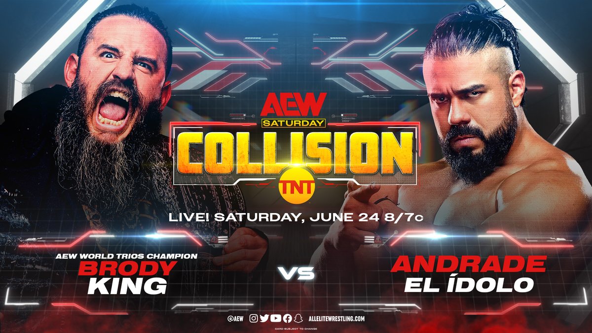 After the blindsided attack by @Brodyxking of the #HouseofBlack, @AndradeElIdolo looks for revenge as these two face off LIVE on #AEWCollision this Saturday on TNT 8pm ET/7pm CT.