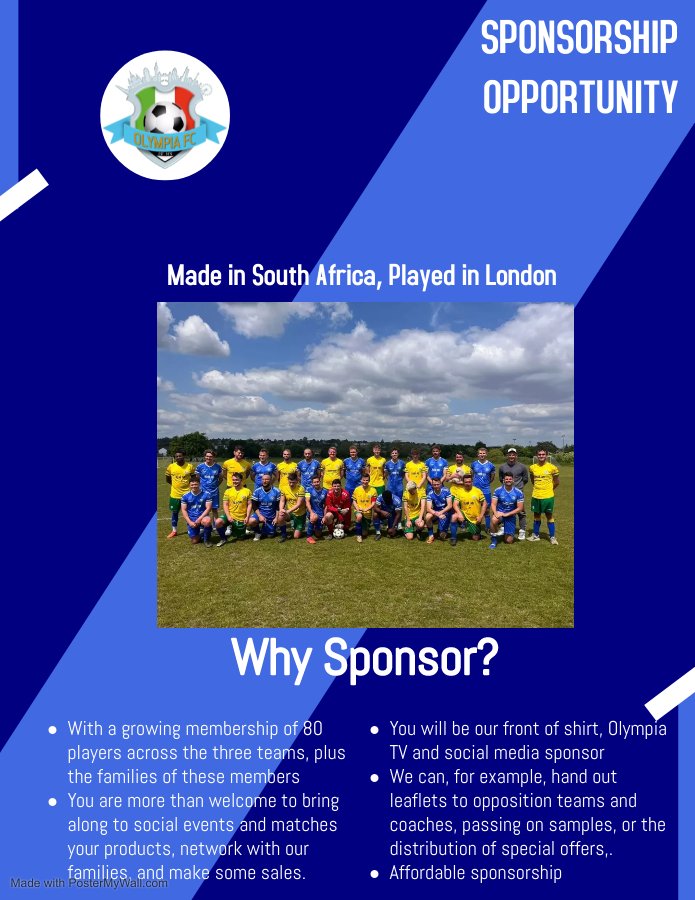 London Olympia FC (@fc_olympia) on Twitter photo We are looking for partners for the upcoming 23/24 season. We have a great track record with providing ROI for our sponsors.
Please get in touch for more information.
<a href="/SponsGrassRoots/">Sponsor Grassroots</a> #sponsor #sponsorship #football #ukfootball #england #englandfootball We are looking for partners for the upcoming 23/24 season. We have a great track record with providing ROI for our sponsors.
Please get in touch for more information.
<a href="/SponsGrassRoots/">Sponsor Grassroots</a> #sponsor #sponsorship #football #ukfootball #england #englandfootball
