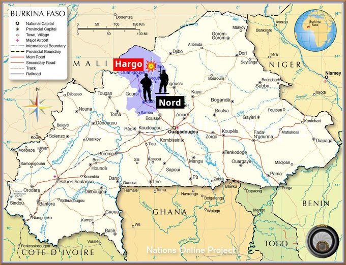 WamapsENG's tweet photo. #Burkina Faso 🇧🇫 | 20/06 In the morning, Ansarul Islam terrorists attacked a #VDP security patrol in #Hargo (#Loroum, #Nord) near #Titao.
🔴4 #VDP killed and several wounded, including a woman, evacuated to #Ouahigouya.
⚫ a dozen terrorists neutralised. https://t.co/yLotihMAMB
