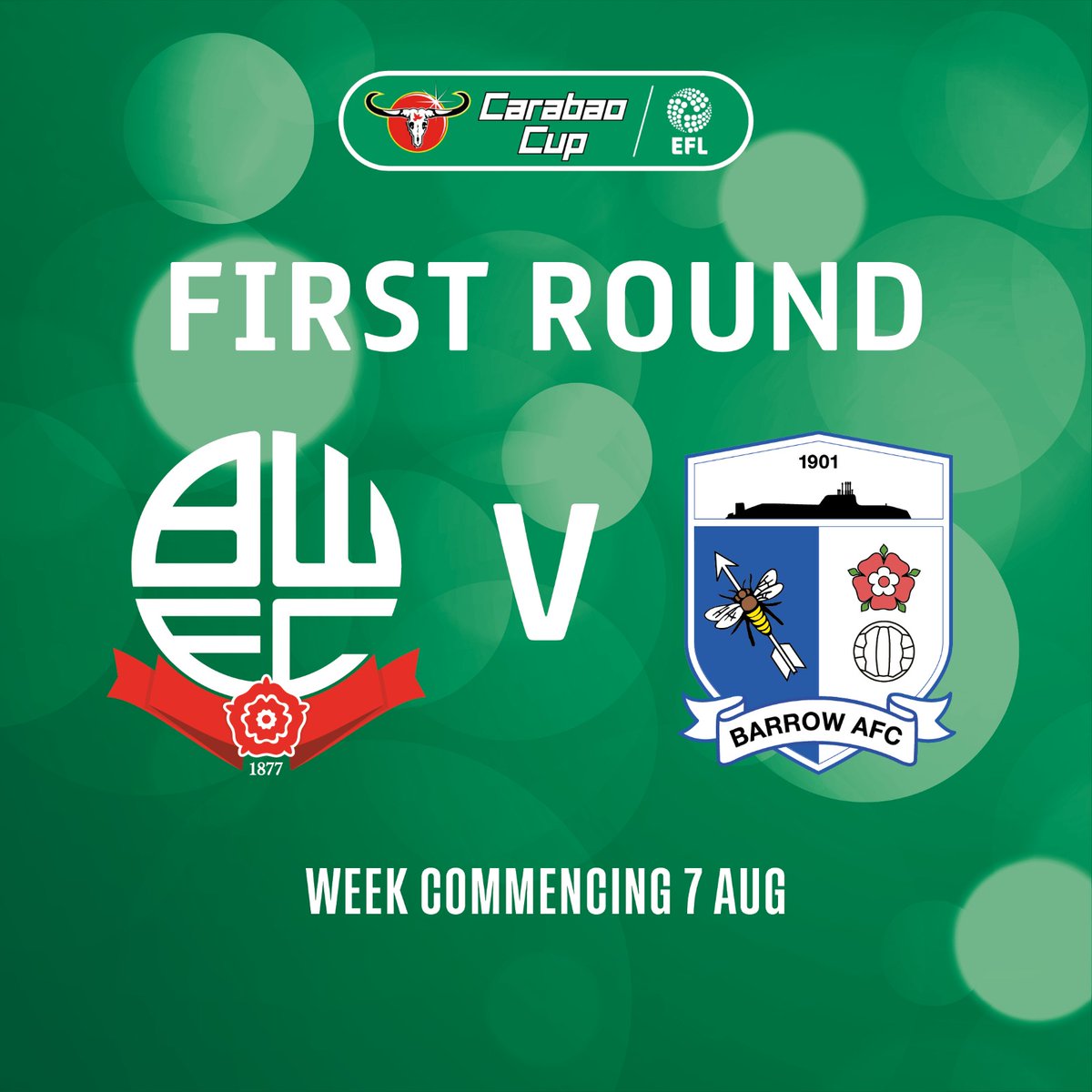 OfficialBWFC's tweet image. 🏆 We will host @BarrowAFC in the First Round of the @Carabao_Cup.

The tie will take place the week commencing August 7th.

#bwfc