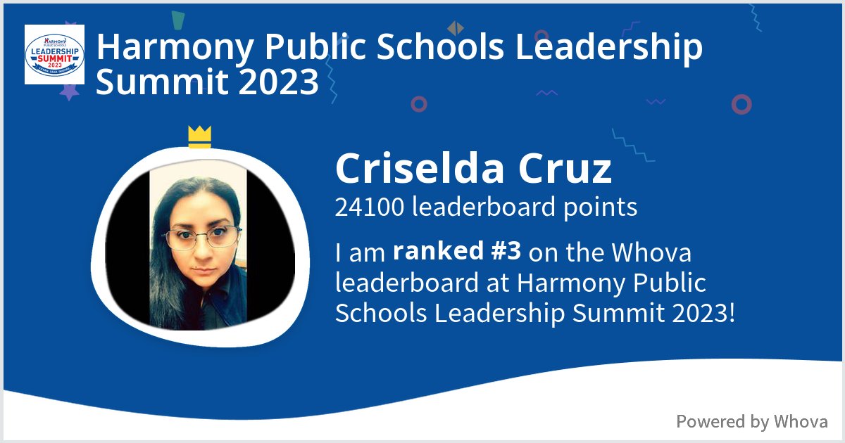 I ranked #3 on the Whova leaderboard at Harmony Public Schools Leadership Summit 2023! #learnleadinspire #HarmonyLeads23 - via #Whova event app