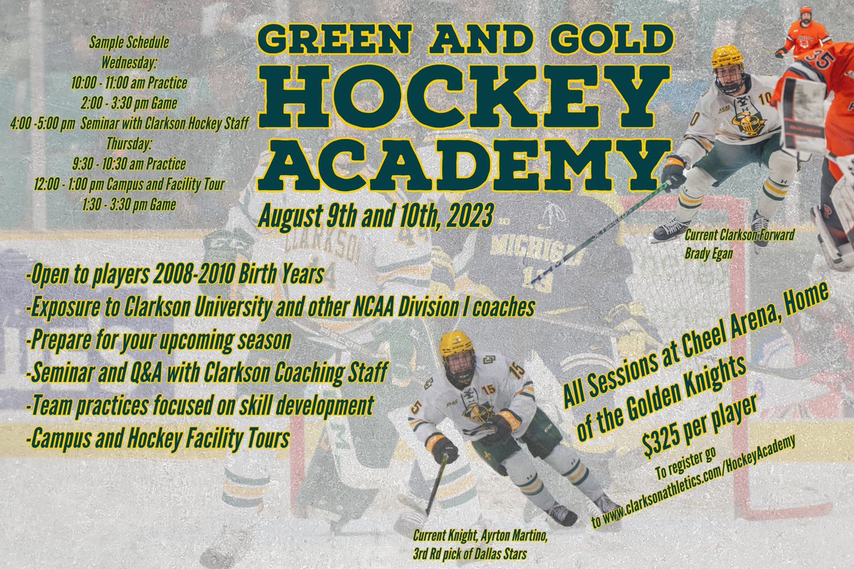 Sign Ups are open for the @greenandgold_hockey_academy for 2008-2010 birth years.  Great chance for young players to learn about Clarkson!  clarkson.universitytickets.com/w/event.aspx?i…