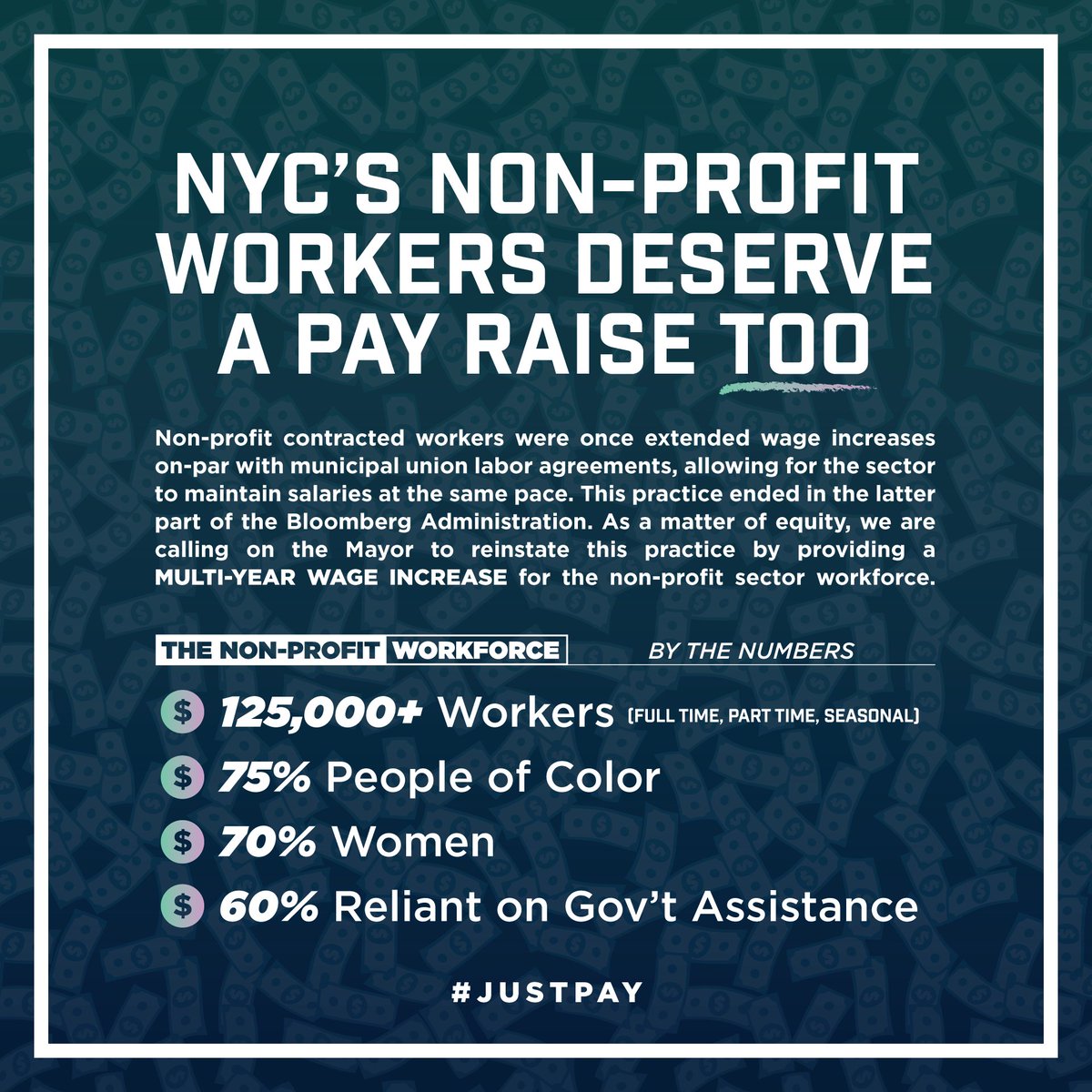 Non-profit contracted workers provide so much for New Yorkers in need, but their wages are woefully out of step with the salaries of other workers in similar jobs.

That’s why we are calling on the City to commit to a multi-year pay increase for these essential workers!

#JustPay