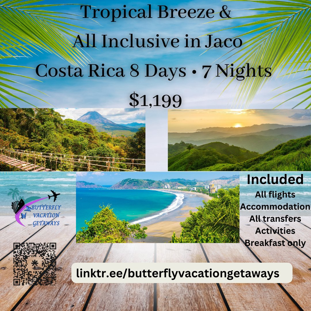Tropical Breeze & All Inclusive/Jaco
Costa Rica/8Days/7Nights $1,199
linktr.ee/butterflyvacat… 
#costarica #visitcostarica #vacationincostarica #travelling #travellife #allinclusive #island #tropicalisland #bucketlist #bucketlistideas #bucketlistvacation