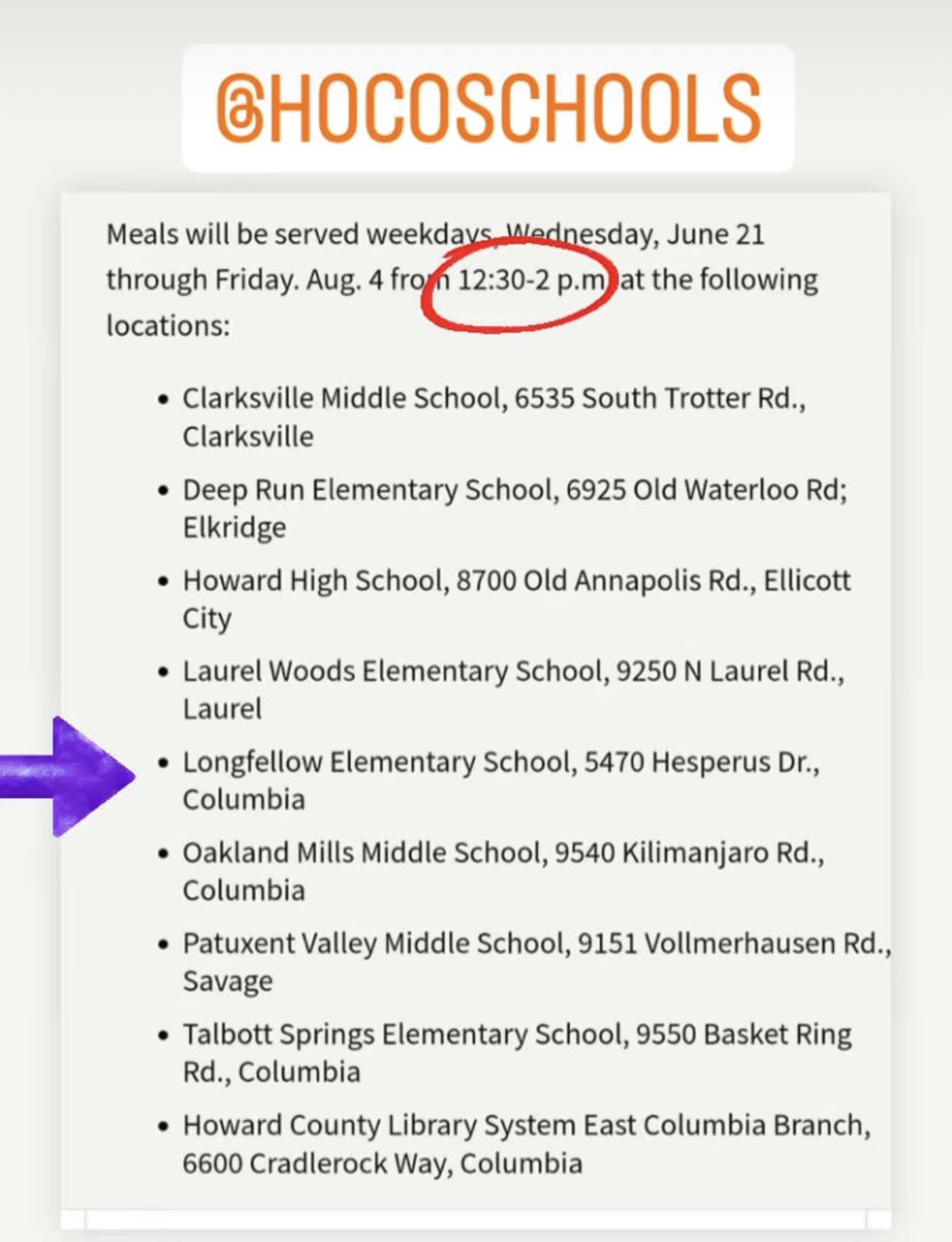Summer lunches now available at Longfellow Elementary and other locations. <a href="/hcpss_wlhs/">Wilde Lake HS</a> <a href="/hcpss_hcms/">Harper's Choice MS</a> <a href="/hcpss_wlms/">Wilde Lake MS</a> <a href="/hcpss_dms/">Dunloggin MS</a> <a href="/hcpss_loes/">Longfellow ES</a> <a href="/hcpss_bwes/">Bryant Woods ES</a> <a href="/hcpss_ses/">Swansfield ES</a> <a href="/hcpss_cces/">Clemens Crossing ES</a> <a href="/hcpss_rbes/">Running Brook ES</a> <a href="/hcpss_ces/">Clarksville ES</a>