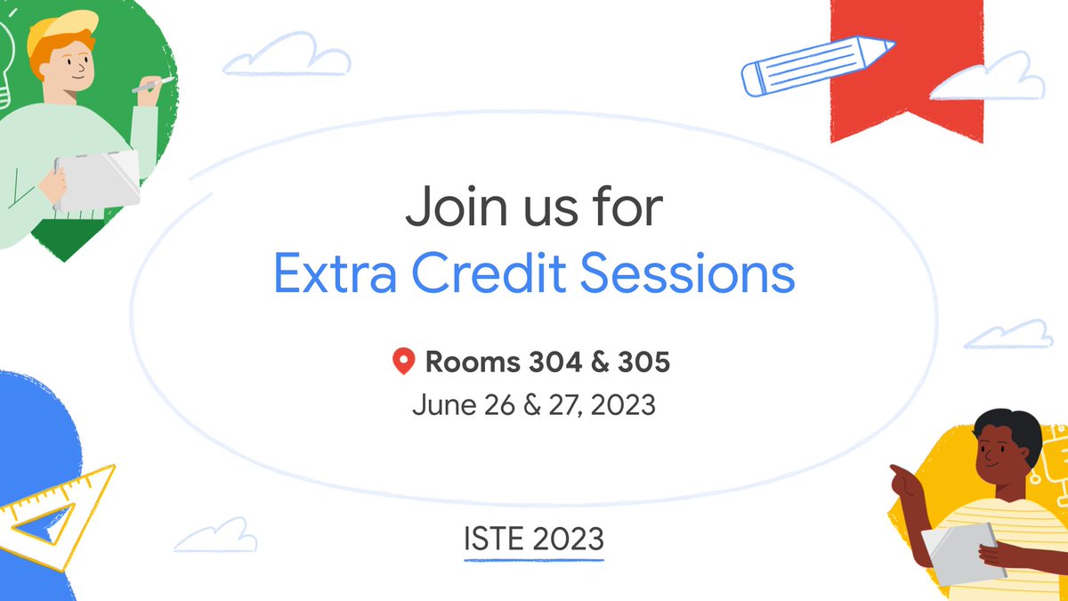 #ISTELive wouldn’t be complete without #GoogleEdu Extra Credit sessions, including:

✨Practice sets academy
✨Digital Learning with Chrome & #GoogleWorkspaceEdu
✨Apps for #Chromebooks
✨New in #GoogleClassroom
✨#AI in education

Learn more & register: goo.gle/3NmQx3t