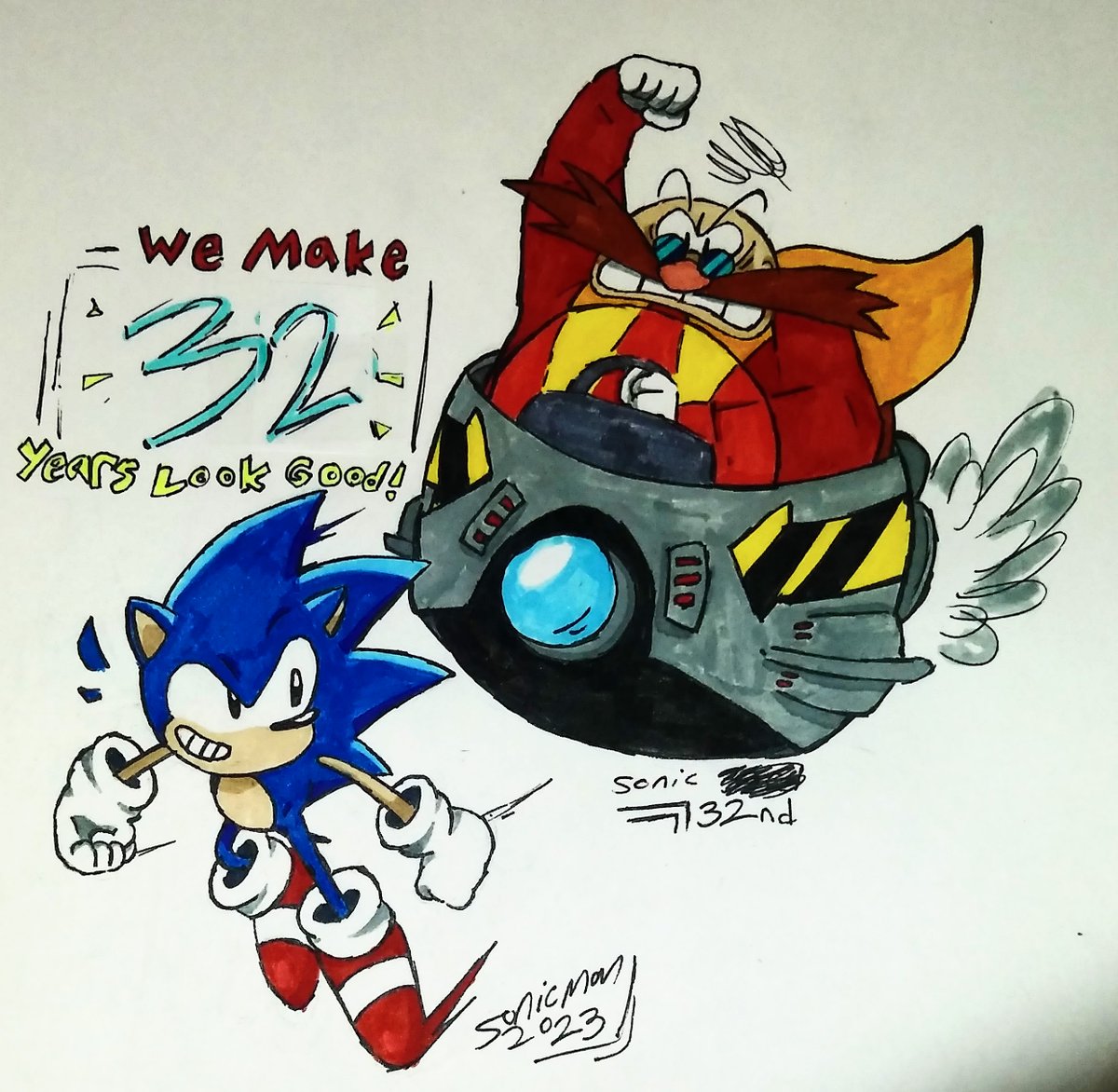 Happy 32nd to Sonic!!
#SonicTheHedeghog #SonicSuperstars 
#sonicfanart #Sonic32ndanniversary 
#traditionalart #artwork #ArtistOnTwitter #eggman