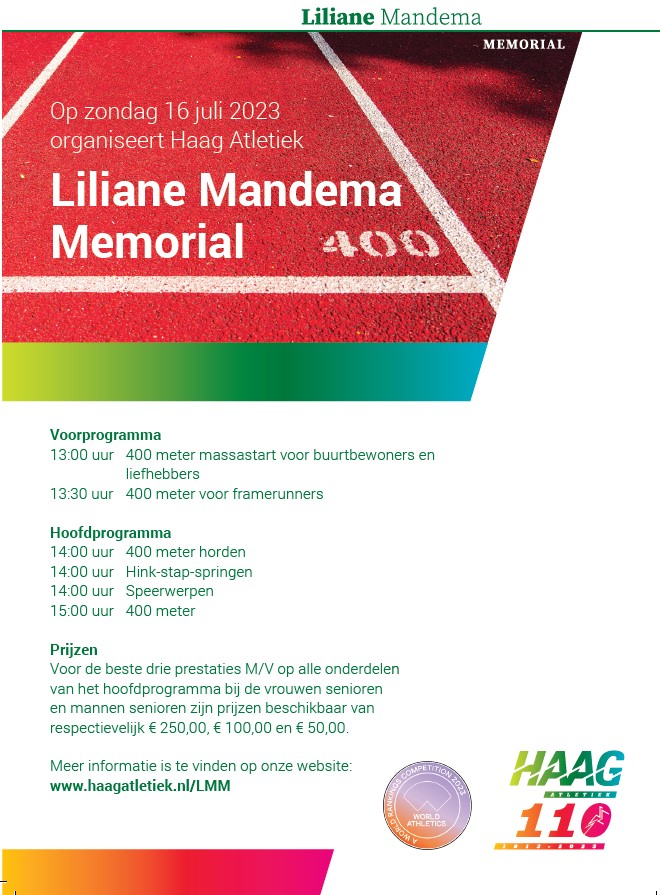 HAAG Atletiek presenteert de Liliane Mandema Memorial. Een nieuw en jaarlijks terugkerend wedstrijdprogramma voor baanatleten en voor de toeschouwers hele leuke side-events! Meer info en inschrijven: haagatletiek.nl/LMM
<a href="/dhtopsport/">Den Haag Topsport</a> @atletiekunie @gemeentedenhaag.