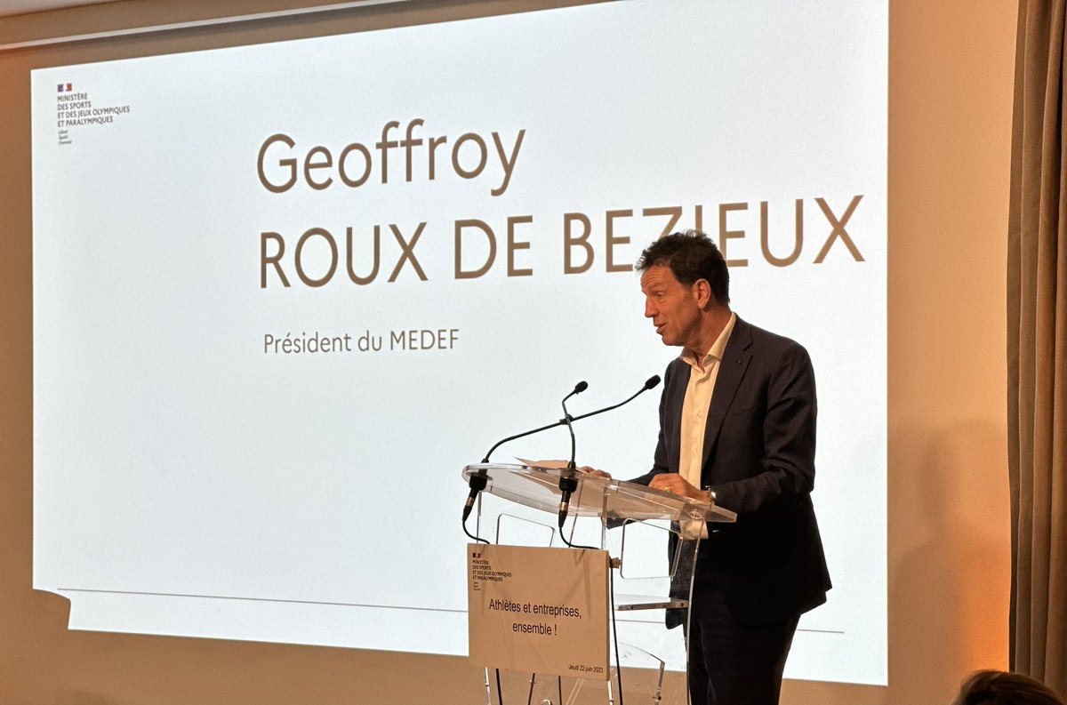 Ce soir, le <a href="/medef/">Mouvement des Entreprises de France</a> intervient à la soirée « Athlètes &amp; entreprises, ensemble ! » organisée par <a href="/AOC1978/">Amélie Oudéa-Castéra</a> pour rapprocher monde sportif et monde économique, une relation gagnant-gagnant 🥇 <a href="/Sports_gouv/">Ministère des Sports 🇫🇷</a> <a href="/GeoffroyRDB/">Geoffroy Roux de Bezieux</a> <a href="/dcarlach/">Dominique Carlac'h</a> <a href="/fondationsport/">Fondation du Sport Français</a> #Paris2024 #JOP2024 #Jesoutiensunathlete
