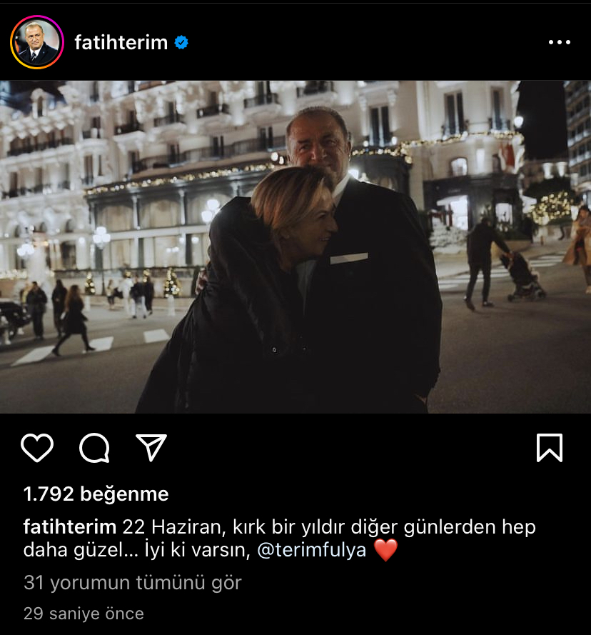 Fatih Terim: '22 Haziran, kırk bir yıldır diğer günlerden hep daha güzel... İyi ki varsın, Fulya Terim.❤️'

Love Terim.