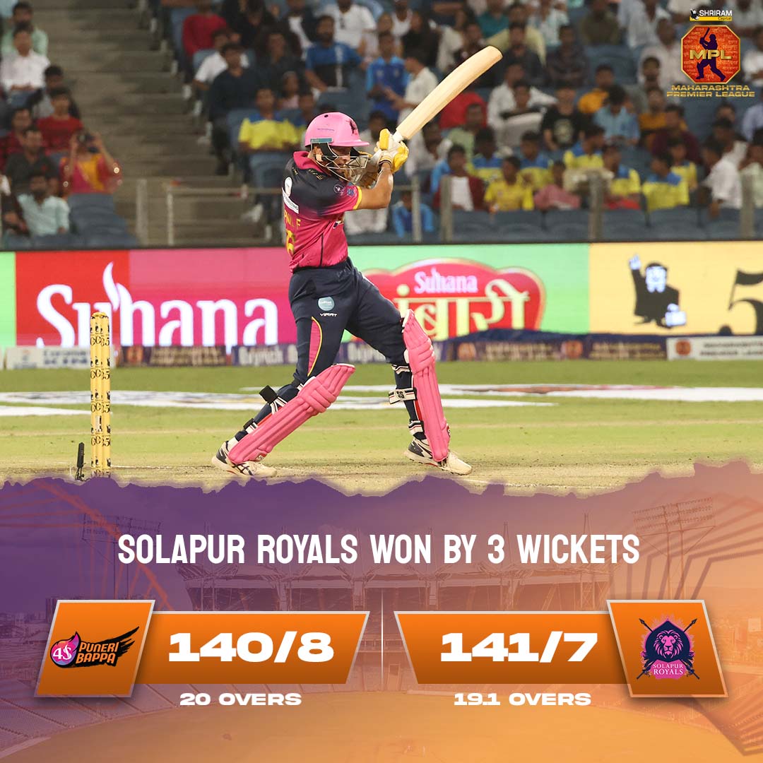 mpltournament's tweet photo. FIRST WIN of #ShriramCapitalMPL2023 for Solapur Royals as they prevent Puneri Bappa from qualifying tonight 👏🦁
#ThisIsMahaCricket #MPL #MPLT20 #puneribappa #solapurroyals https://t.co/fCupNC0aQk