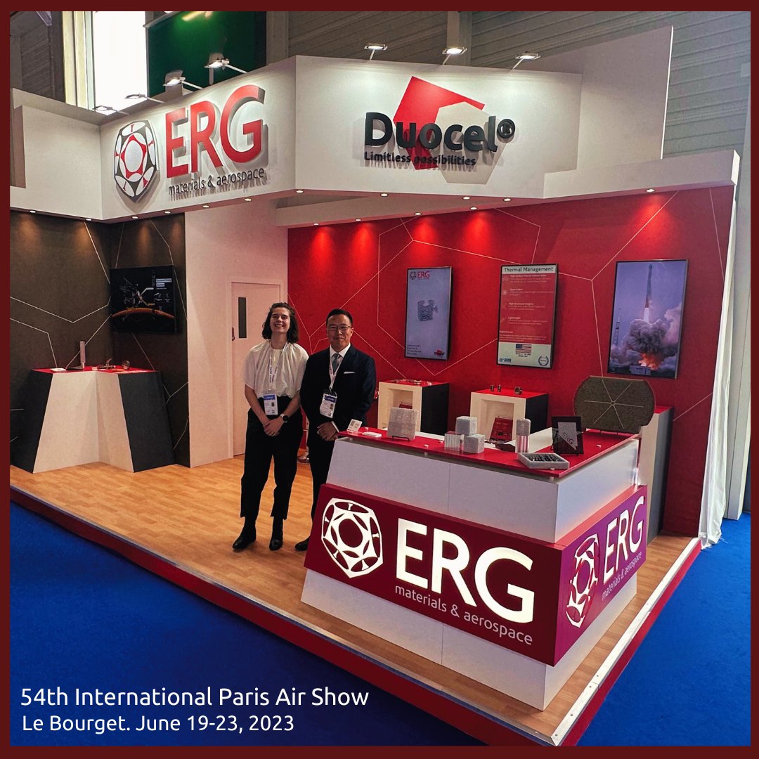 ERGAerospace's tweet photo. We Love our booth design!❤️
A special THANKS to @KallmanCS  for creating our  booth at the @salondubourget  @parisairshow Our engineers are proudly engaging conversations with ERG's Duocel® foam expo visitors while surrounded by a beautiful showcase. (Booth 3-FG184B) #tradeshows https://t.co/lSi5LL9f2y
