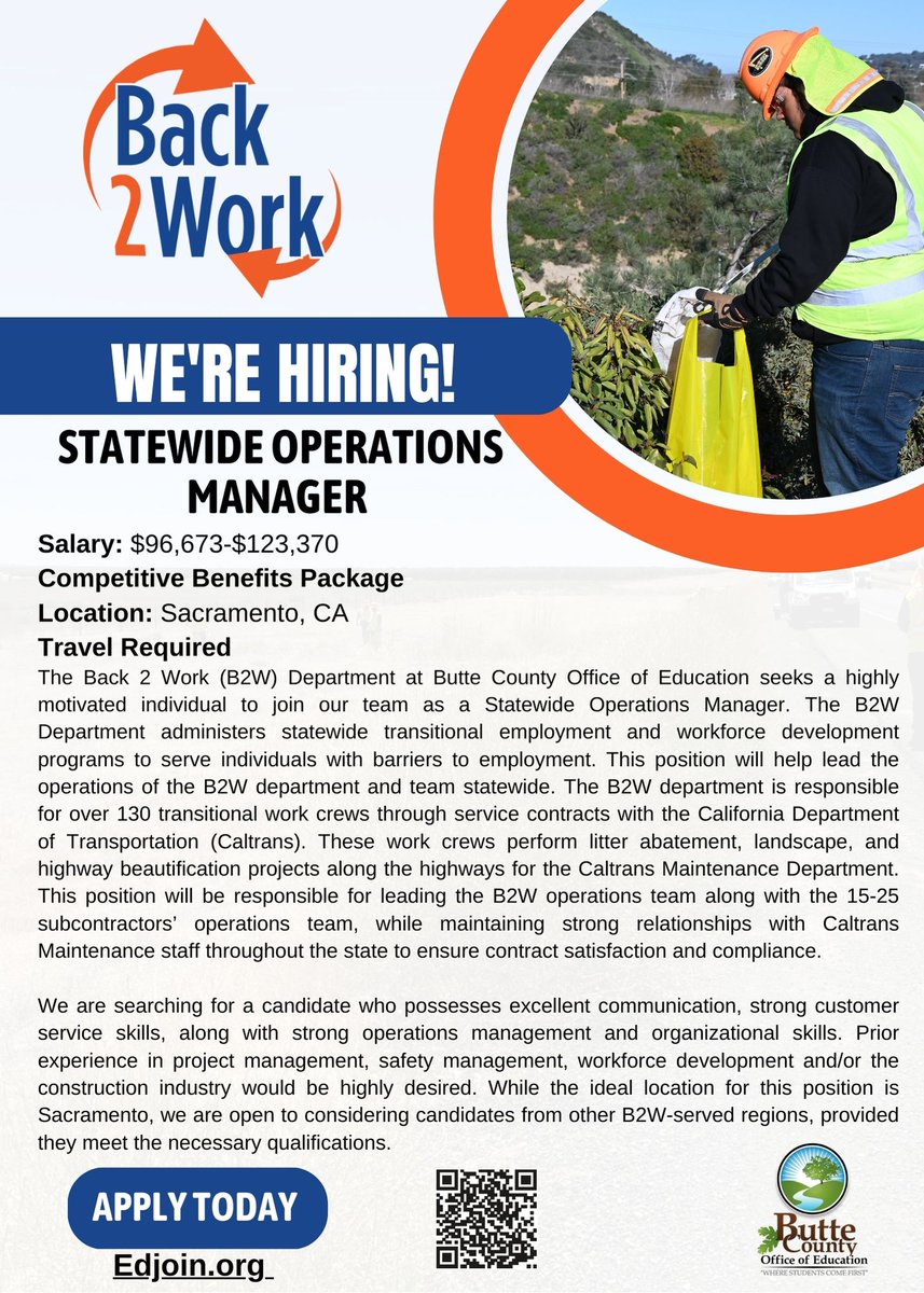 We are hiring!
We're looking for a highly motivated individual to join our team as Statewide Operations Manager.
Apply here: bit.ly/42THTiz 
#BCOEB2W #ButteCOE #ProudToBeBCOE #B2WJobs