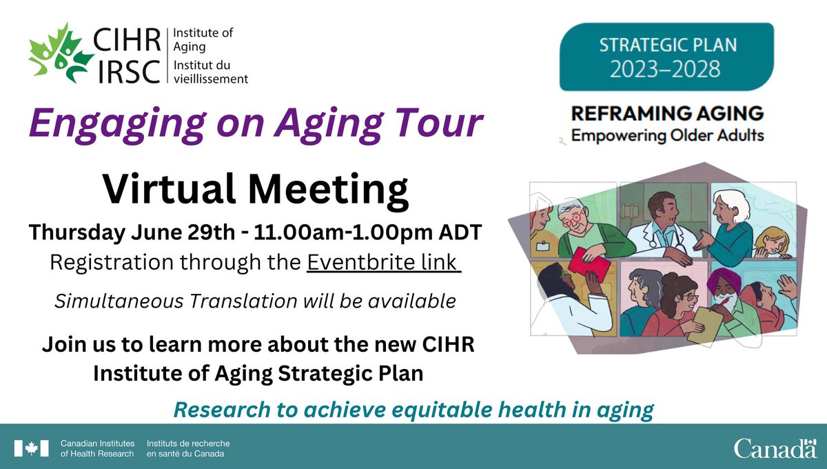 CIHR_IA's tweet photo. Our ‘Engaging on Aging’ cross-Canada tour is coming to an end with our virtual meeting on Thurs, June 29th at 11am ADT. Register here https://t.co/EyK9PjDc6N
@Jane_Rylett #ReframeAgingCAN #researchonaging https://t.co/HhmkD8ixWb